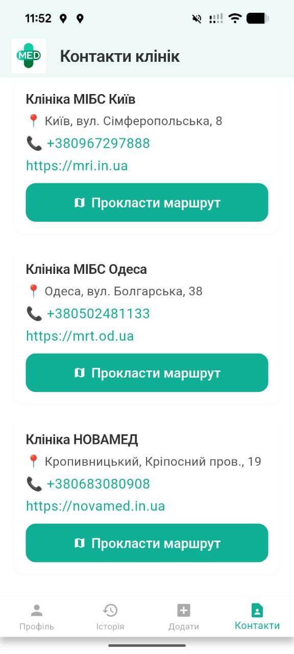 Контакти клінік-партнерів